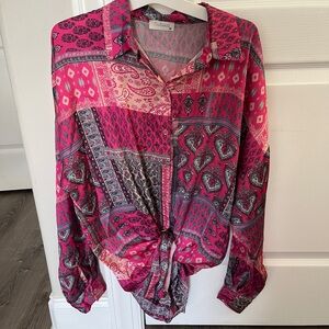 Roland Pink Paisley Patchwork Button-Down Tie-Front Shirt